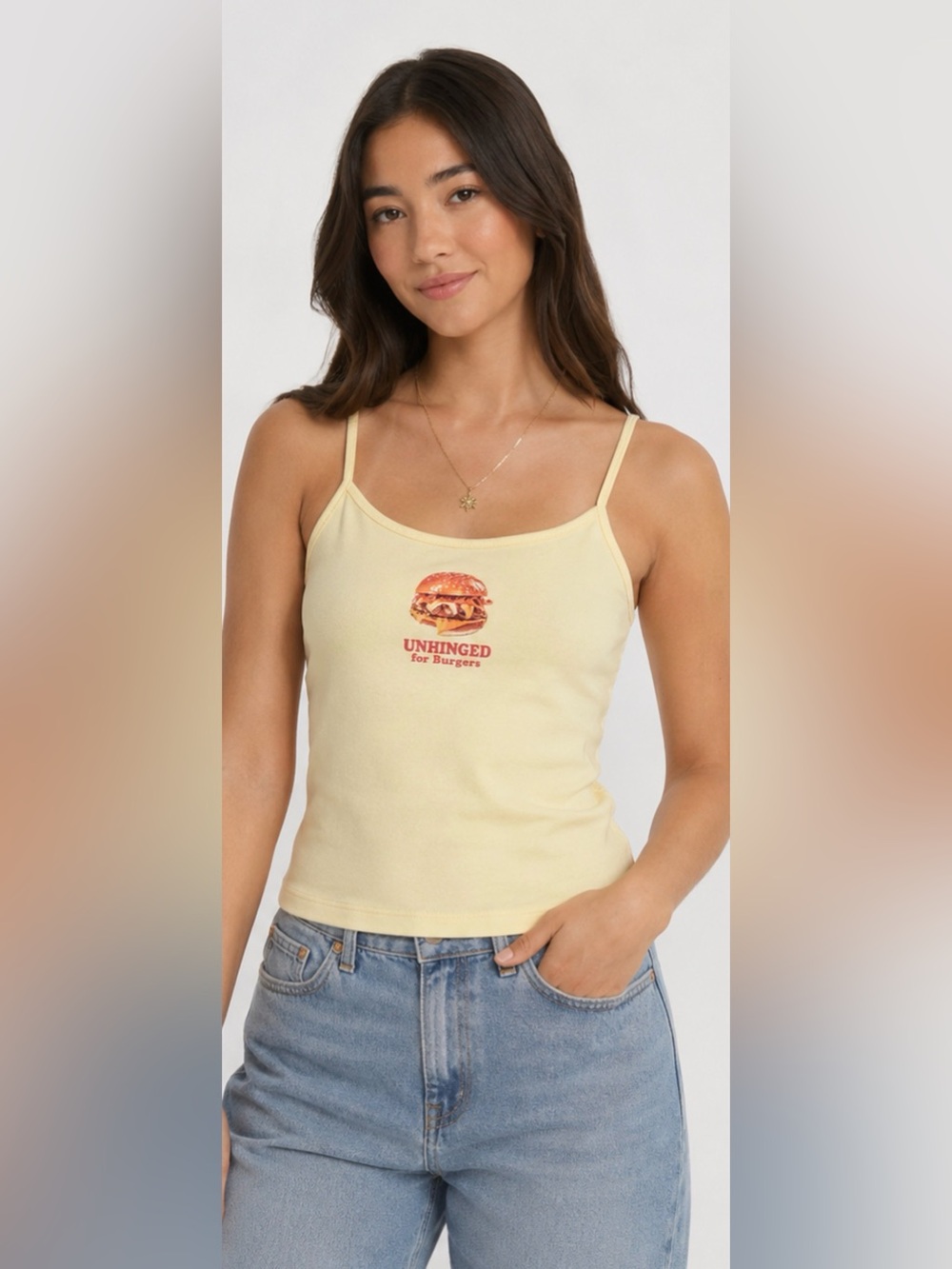 NWT Wild Fable Unhinged for Burgers Graphic Cami Tank Top Yellow Large
